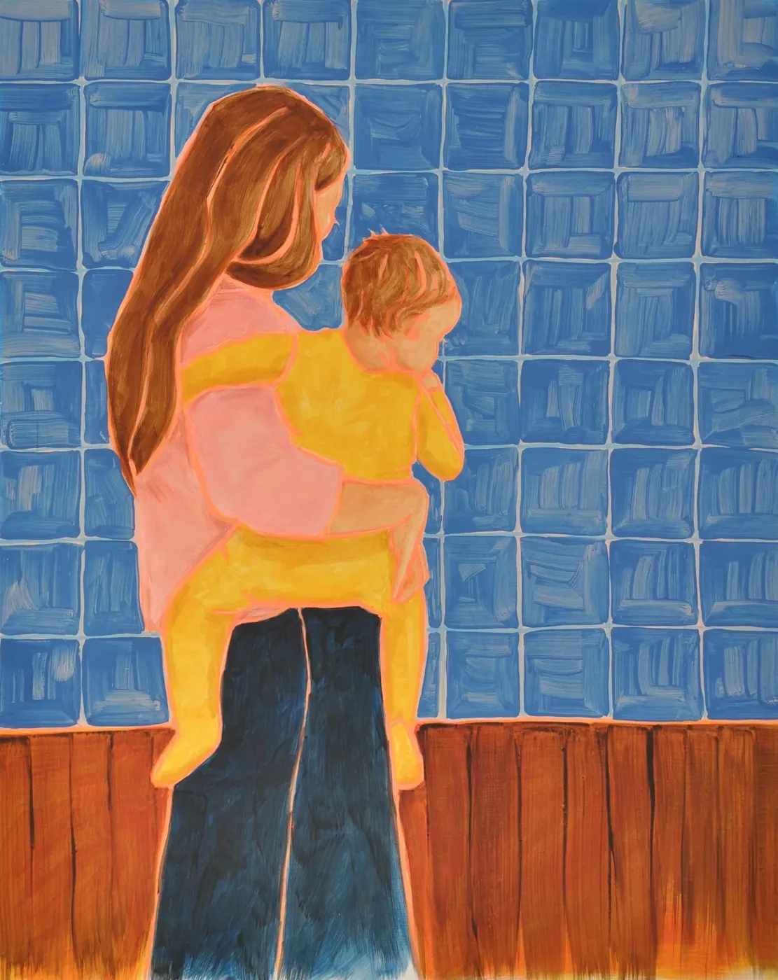 Blue Tiles by Julia Blackshaw, a painting of a mother holding her toddler in front of a blue tiled wall